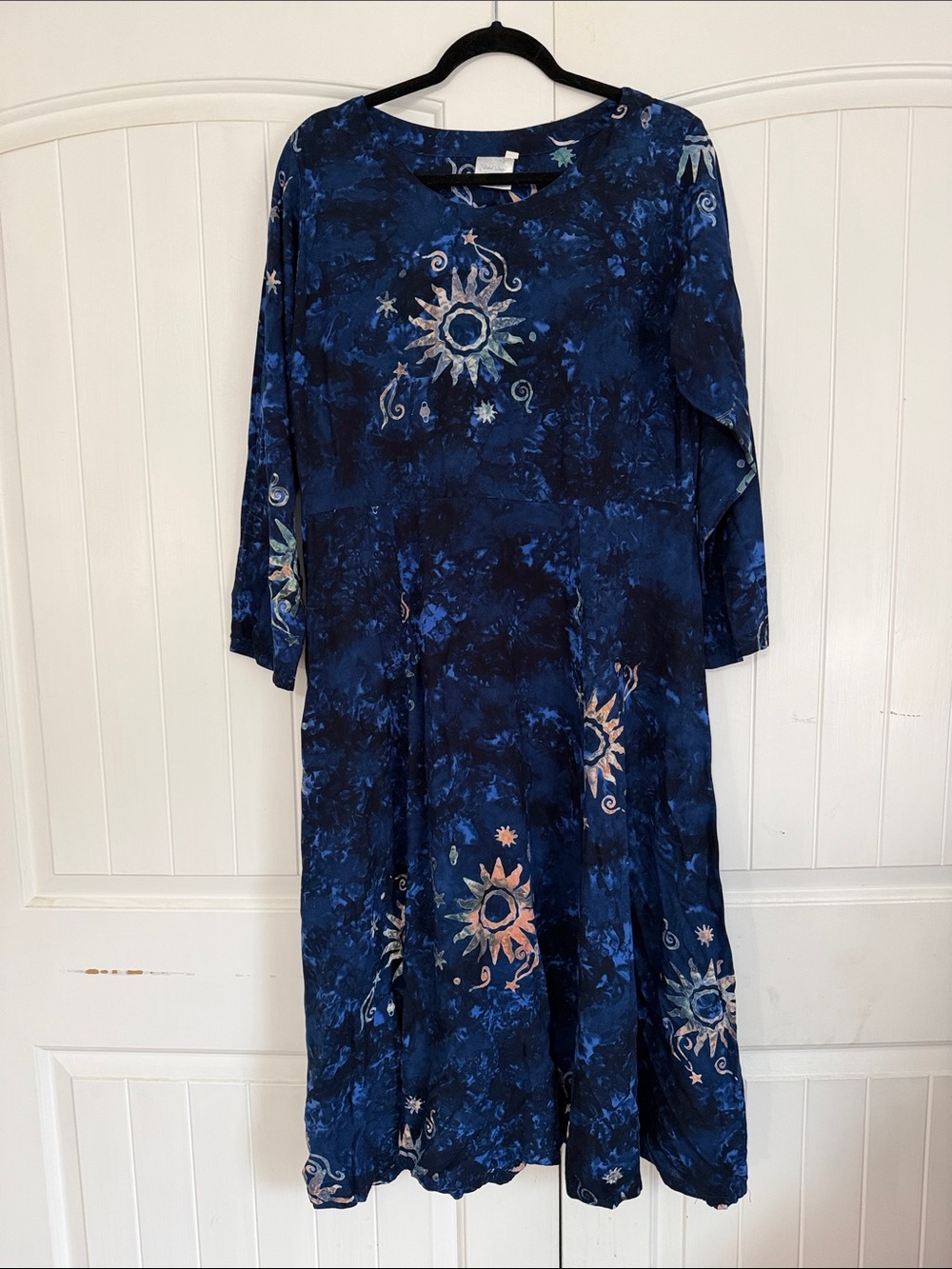 Blue Batik Style Celestial Sunburst Printed Midi Dress